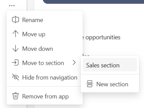 Screenshot che mostra il menu per spostare l'elemento di navigazione in una sezione.