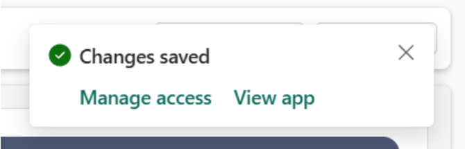 Screenshot del messaggio popup di salvataggio dell'app dell'organizzazione con i collegamenti di gestione e visualizzazione.