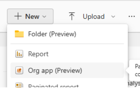 Nuovo menu dell'area di lavoro con l'elemento dell'app dell'organizzazione con il puntatore del mouse tenuto su di esso.