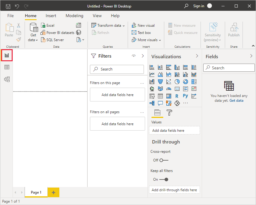 Screenshot of Power B I Desktop showing the default view.