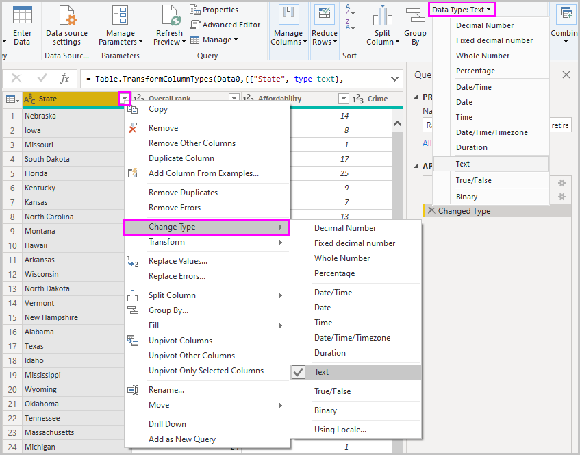 Screenshot of Power B I Desktop showing the change data type option.