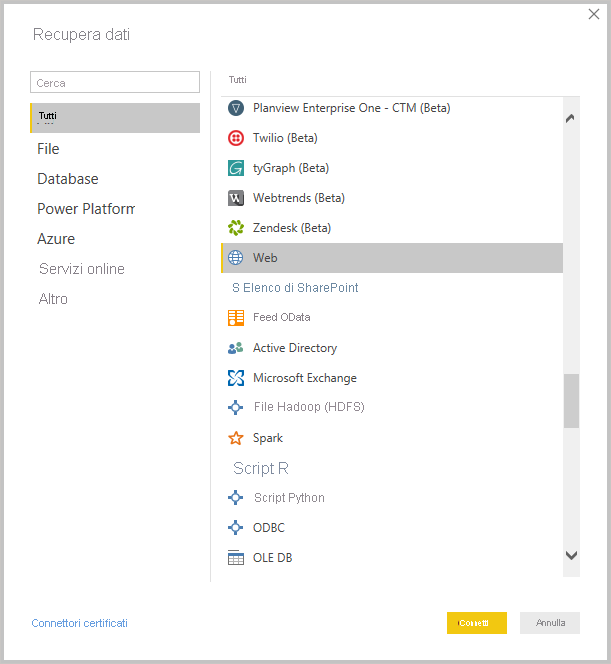 Screenshot of Power B I Desktop showing the Get Data tool.