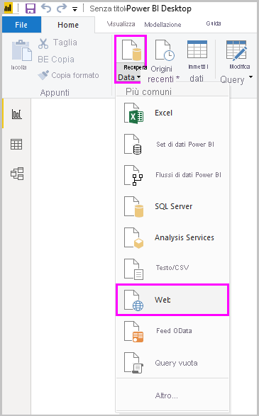 Screenshot of Power B I Desktop showing the Web option of the Get Data tool.