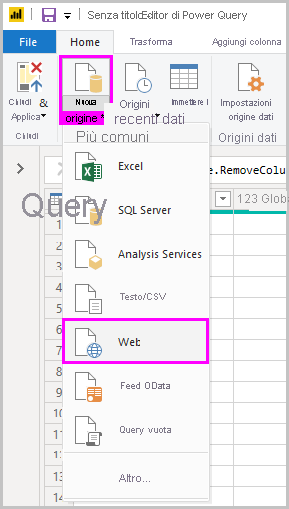 Screenshot of Power B I Desktop showing the Power Query Editor selecting Web from New Source.