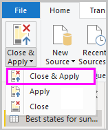 Screenshot of Power B I Desktop showing the Close and Apply Changes option.