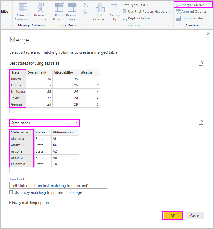 Screenshot of Power B I Desktop showing the Merge Queries window.