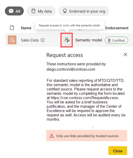 Screenshot del messaggio di accesso alla richiesta nell'hub dati per un modello semantico impostato per essere individuabile.