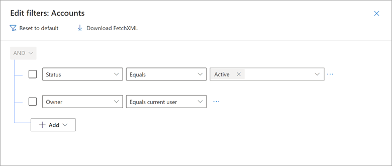 Screenshot che mostra i filtri configurati per la visualizzazione Account attivi personali. La condizione di filtro è proprietario uguale all'utente corrente.