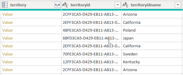 Screenshot che mostra un'anteprima dei dati per la tabella dell'account delle tre colonne di territorio.