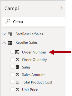 L'immagine mostra il riquadro Campi e la tabella dei fatti di vendita, che include il campo Numero ordine.