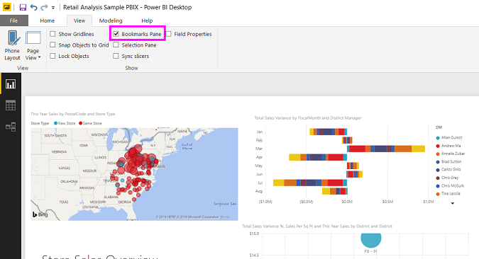 Screenshot che mostra come attivare il riquadro Segnalibri in Power BI Desktop.