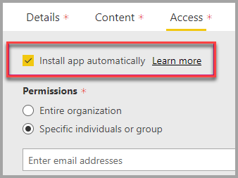 Screenshot del portale di amministrazione di Power BI con l'opzione Installa app selezionata automaticamente.
