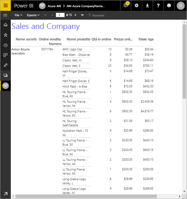 Screenshot showing paginated report in the Power BI service.