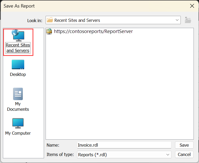 Screenshot di Salva con nome in Siti e server recenti.