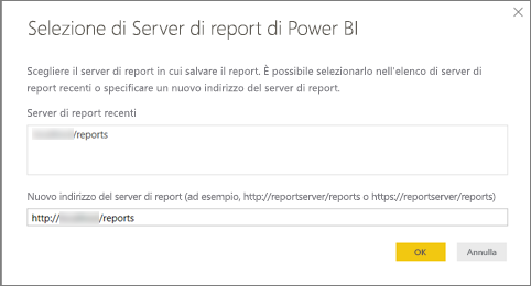 Screenshot della selezione del server di report.