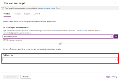 Screenshot della scheda Problema, che mostra dove selezionare il tipo di problema.