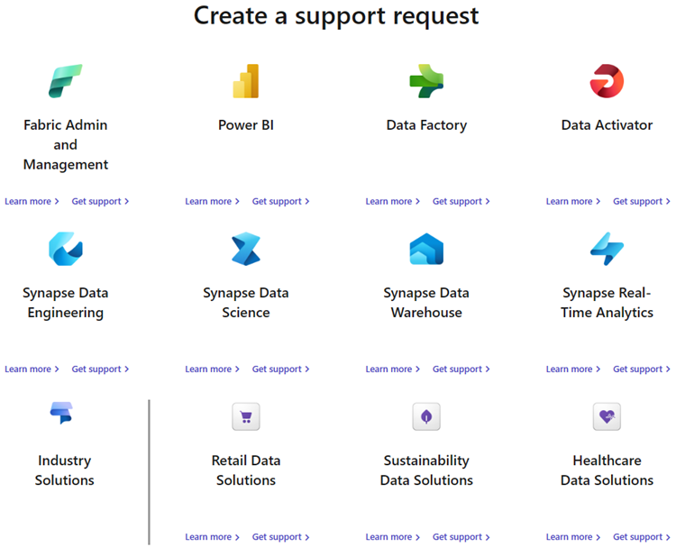 Screenshot della sezione relativa alla selezione del prodotto della pagina Supporto infrastruttura.