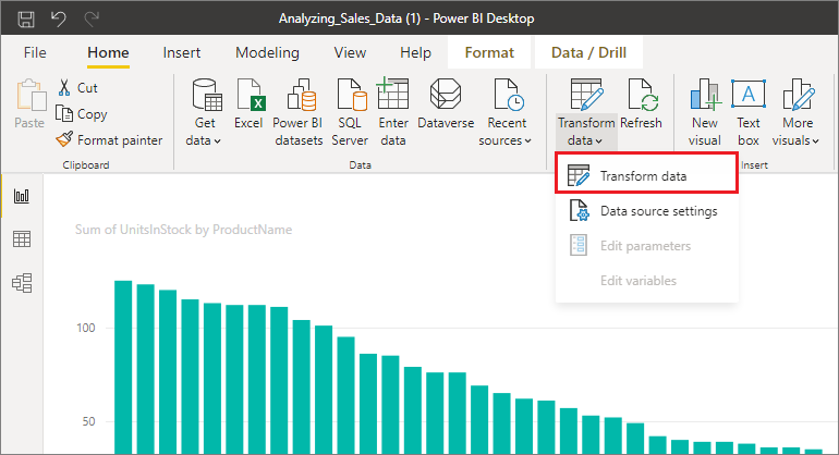 Screenshot di Power BI Desktop con trasforma i dati evidenziati.