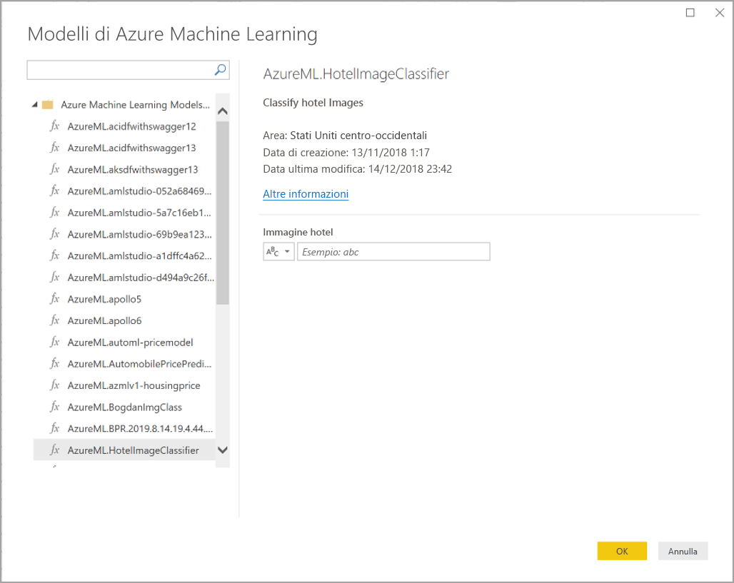 Screenshot of the Azure Machine Learning Models dialog box.
