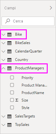 Screenshot of the Fields pane with the Bike and ProductManagers fields selected.