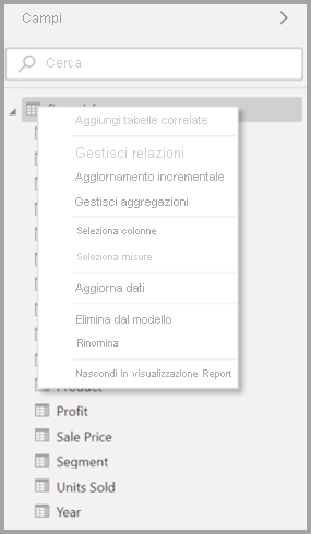 Screenshot of the original context menu for a table in Power BI Desktop.