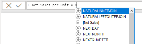 Screenshot dell'uso di Net Sales nella barra della formula.