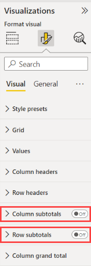 Screenshot of the Format section of the Visualizations pane. Column subtotals and Row subtotals are turned off, and their cards are called out.