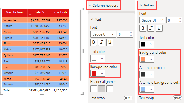 Nello screenshot vengono visualizzati i selettori per le opzioni Colore di sfondo e Colore di sfondo alternativo.