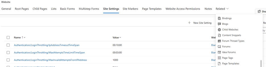 Screenshot dell'opzione menu a discesa Elementi correlati con l'opzione Frammenti di contenuto evidenziata