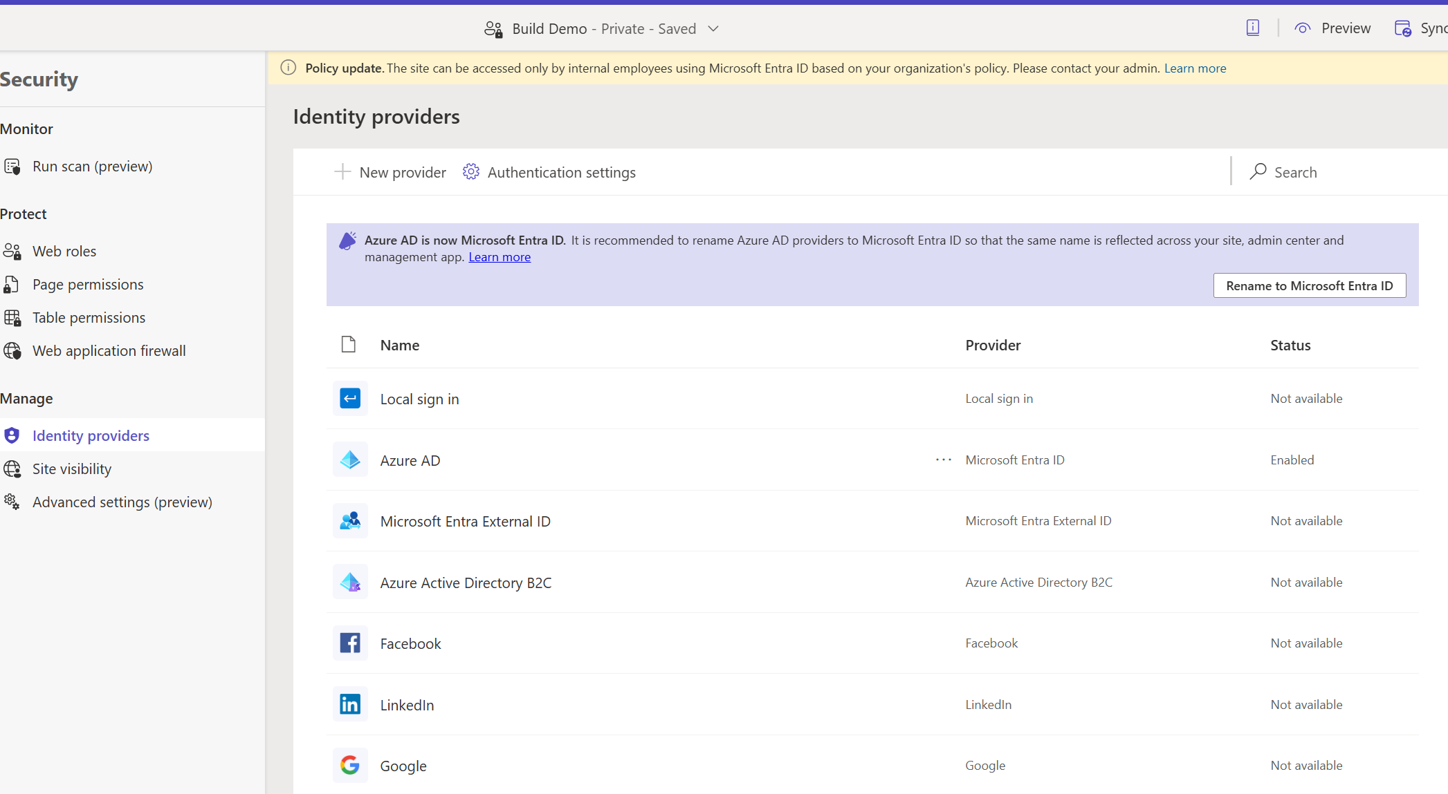 Screenshot dell'esperienza di creazione che mostra i provider di autenticazione esterni come non disponibili.