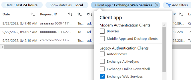 Seleziona Aggiungi filtri con l'app client = Servizi Web Exchange