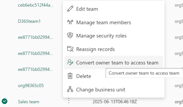 Screenshot della conversione di un team proprietario in un team di accesso.