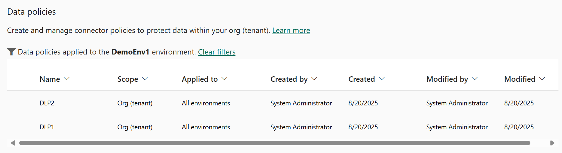 Screenshot della pagina dei criteri dei dati nell'interfaccia di amministrazione di Power Platform.