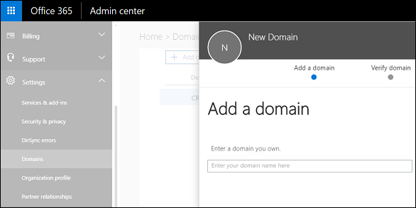 Interfaccia di amministrazione di Microsoft 365, aggiungi il tuo dominio.