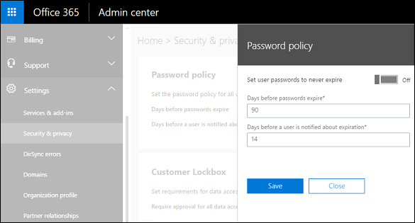 L'interfaccia di amministrazione di Microsoft 365 gestisce la scadenza della password.