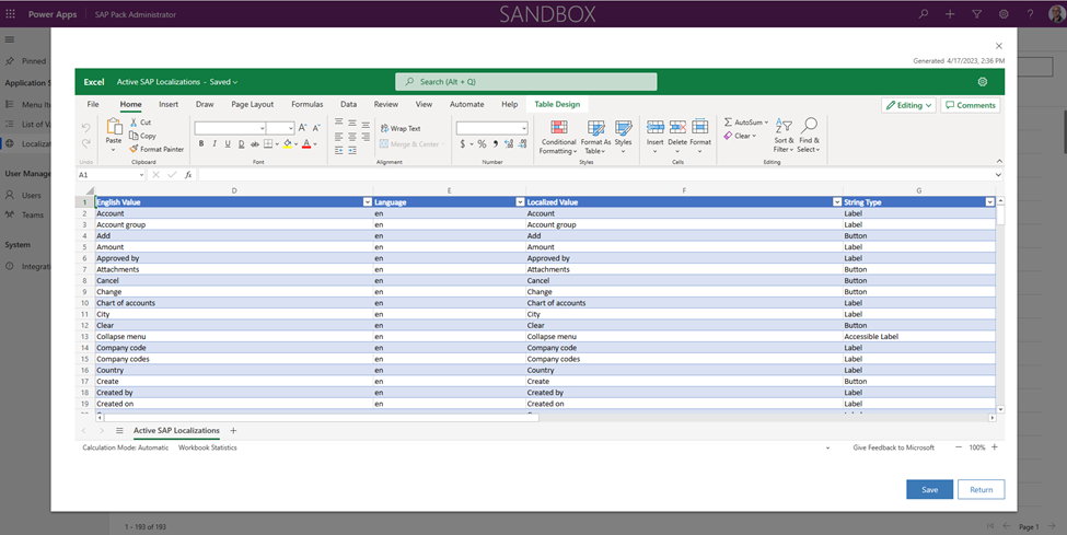 Esportare le localizzazioni delle stringhe SAP in Excel.