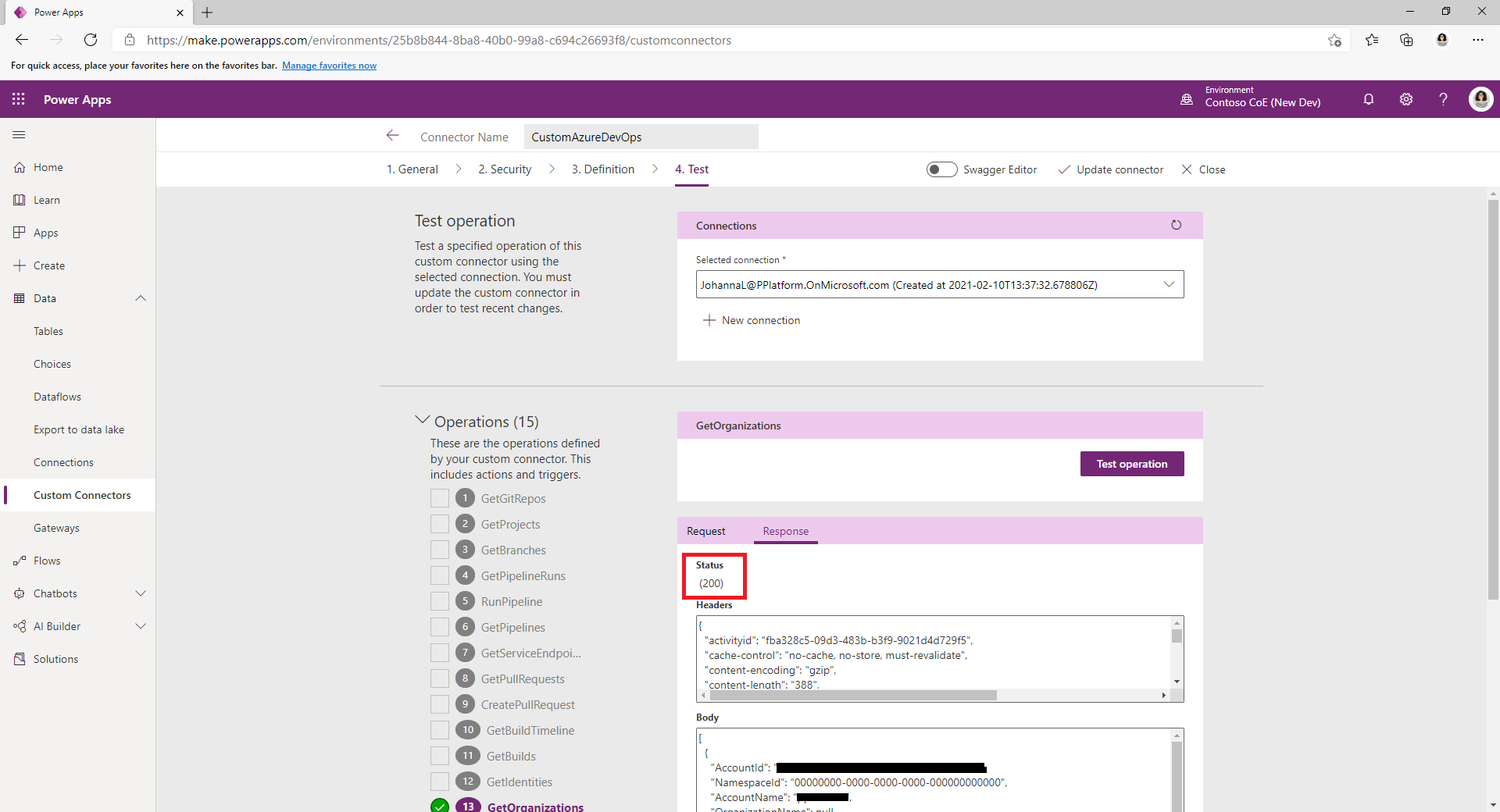 Screenshot delle impostazioni del test di sicurezza per un connettore Azure DevOps personalizzato.