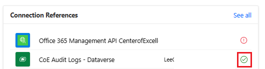 Screenshot che mostra dove controllare il riferimento a una connessione Log di Audit CoE - Dataverse.