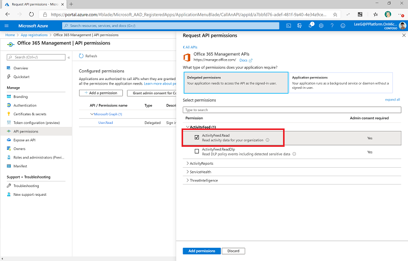 Screenshot che mostra le autorizzazioni delegate.
