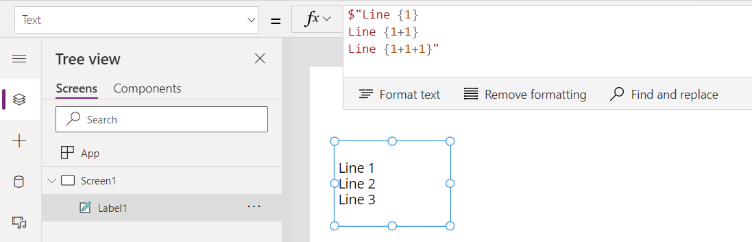 Formula di interpolazione di stringa e controllo label che mostra tre righe con Line 1, Line 2, e Line 3.