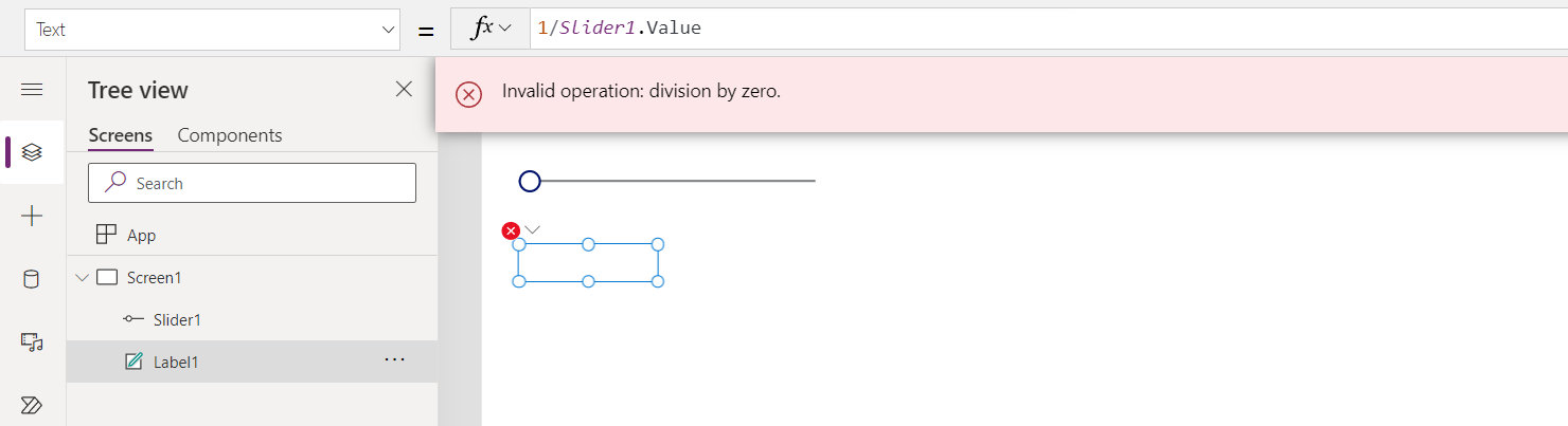 Il controllo slider è stato spostato su 0, determinando un errore di divisione per zero e un banner di errore.