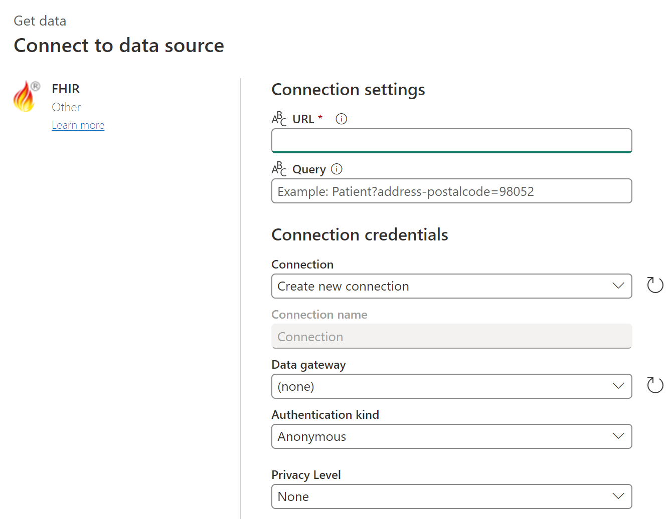 Screenshot della finestra di dialogo FHIR con l'URL FHIR inserito.
