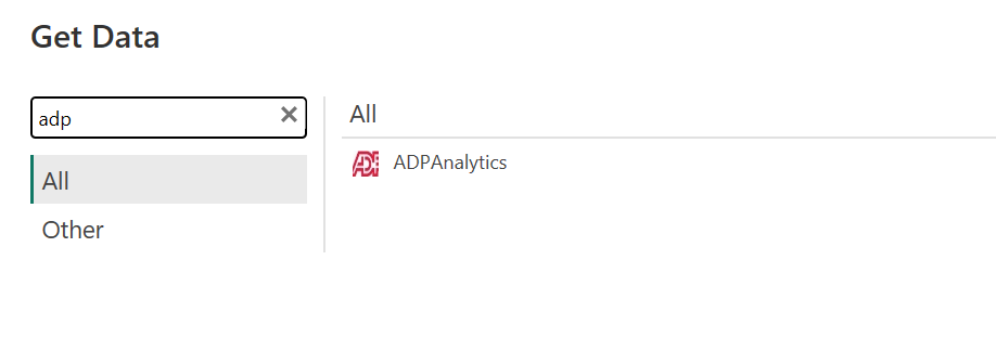 Screenshot della finestra di dialogo Get Data con ADP Analytics evidenziata.