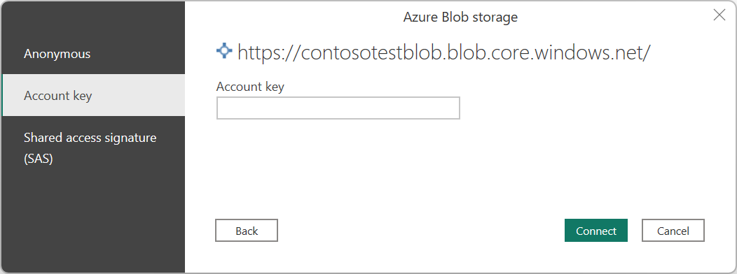 Screenshot della finestra di dialogo di accesso per Archiviazione BLOB di Azure, con il metodo di autenticazione della chiave dell'account selezionato.