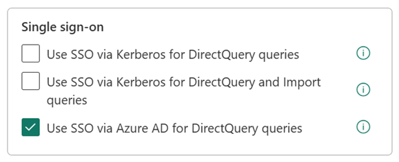 Schermata delle impostazioni dell'origine dati Denodo con la casella di controllo Usa SSO tramite Azure AD per le query DirectQuery selezionata.