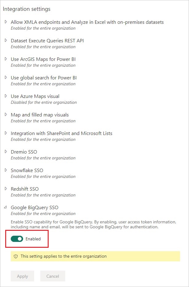 Screenshot dell'opzione Google BigQuery SSO con il pulsante Abilitato abilitato.