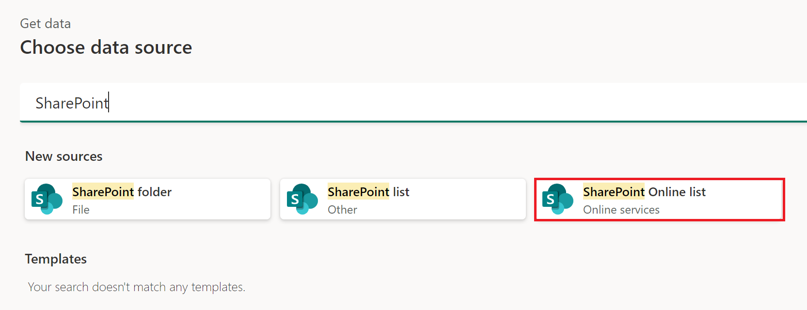 Screenshot della finestra Recupera dati con l'elenco di SharePoint Online evidenziato.
