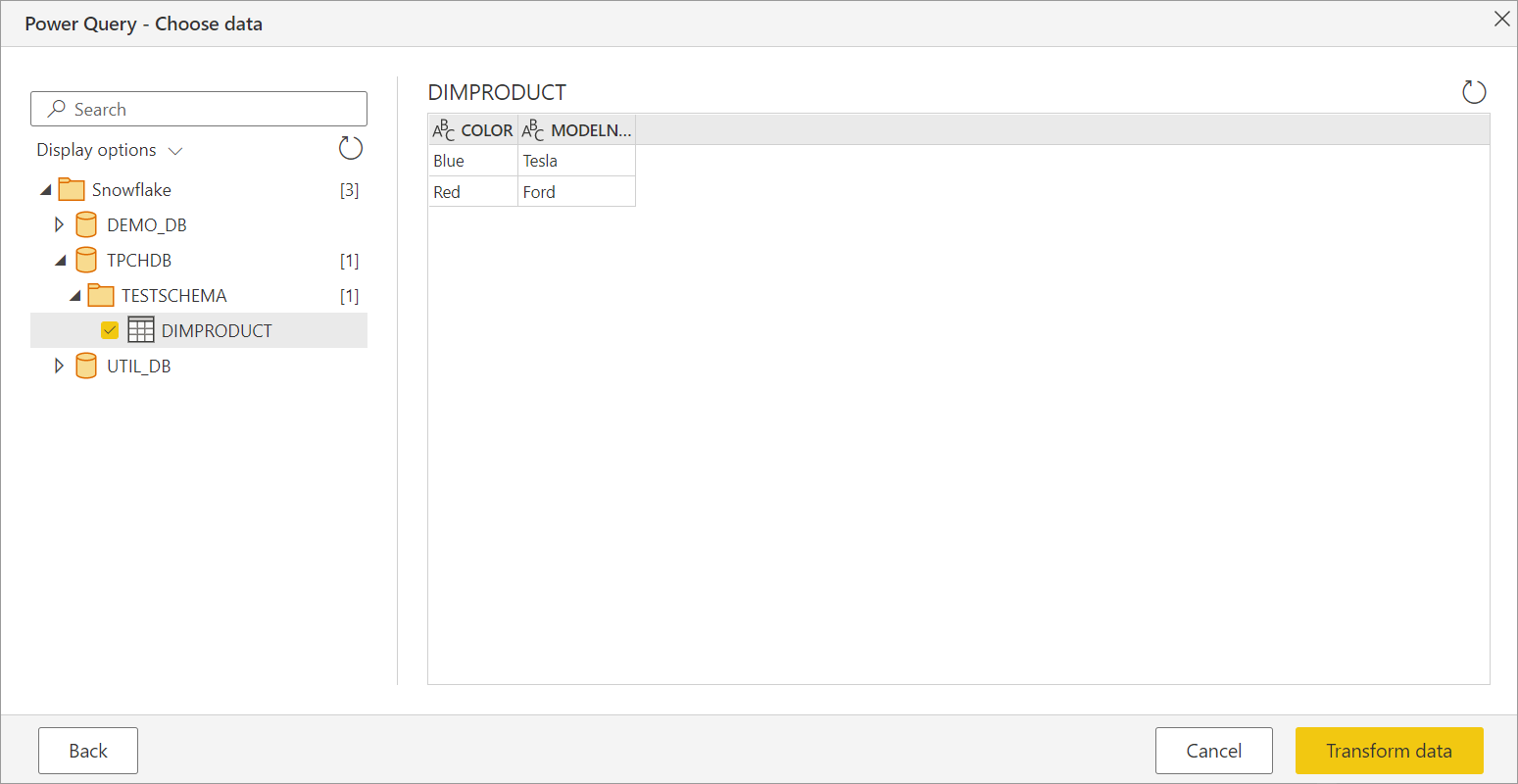 Screenshot dello strumento di navigazione online con il database dello schema di test aperto e la tabella DimProduct selezionata.