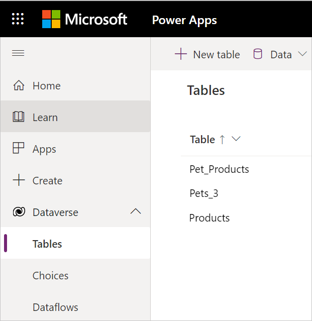 Screenshot dell'apertura della sezione Panoramica delle tabelle di Dataverse in Power Apps.