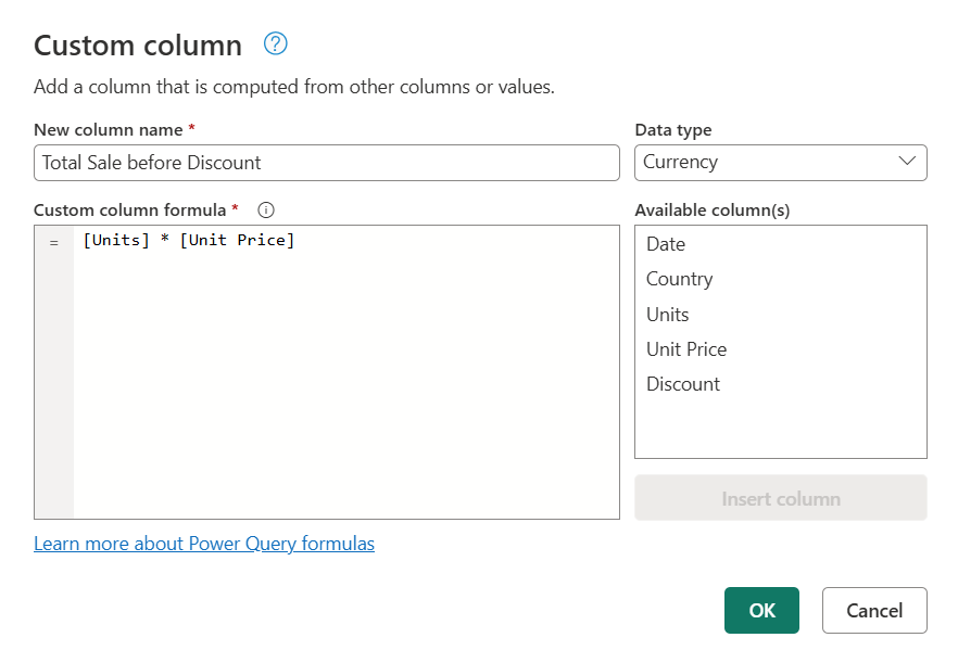 Screenshot della formula Colonna personalizzata per Total Sale before Discount.